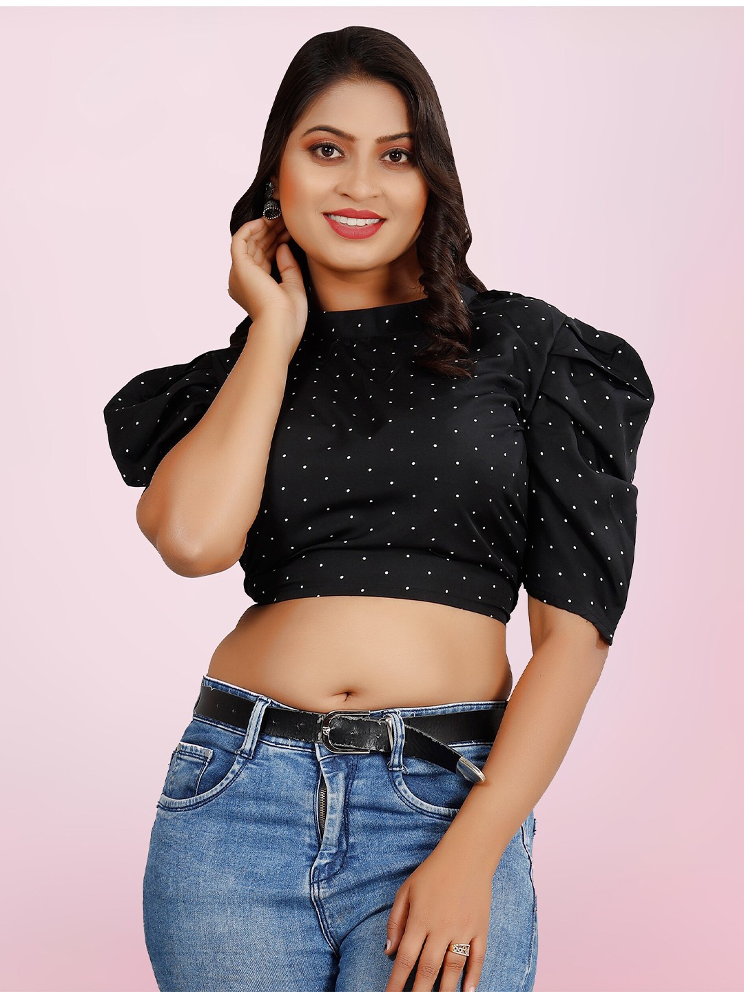 

BAESD Black Embellished Puff Sleeve Crepe Styled Back Crop Top