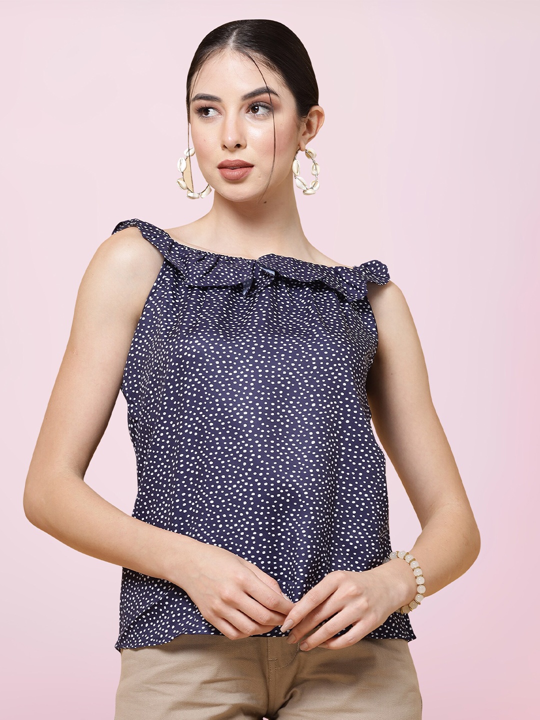 

BAESD Polka Dot Printed Sleeveless Regular Top, Navy blue