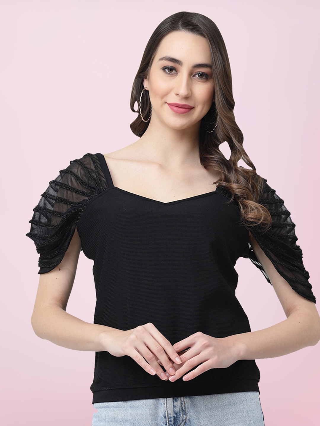 

BAESD Sweetheart Neck Puff Sleeves Top, Black