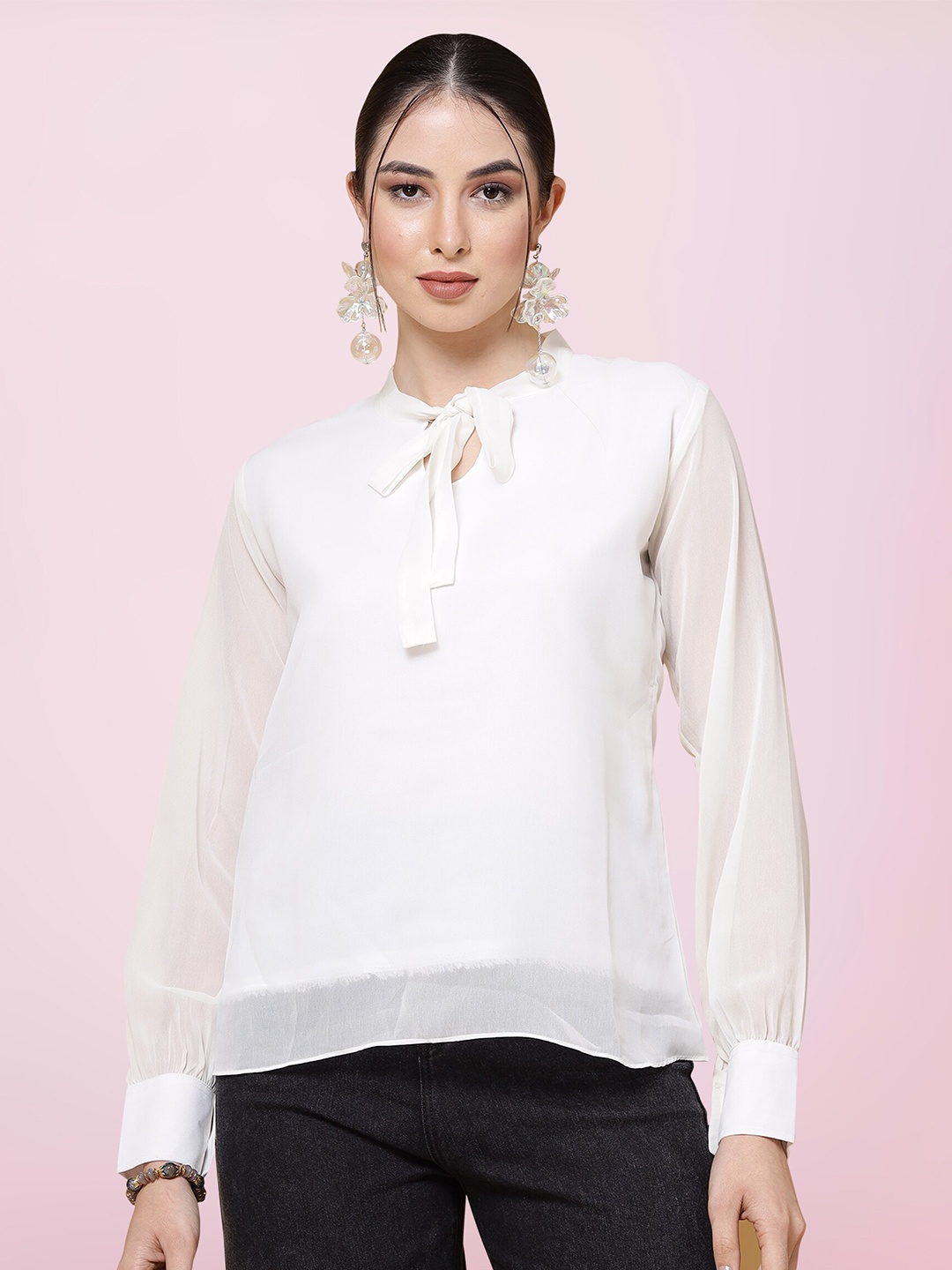 

BAESD Tie-Up Neck Cuffed Sleeves Georgette Top, White