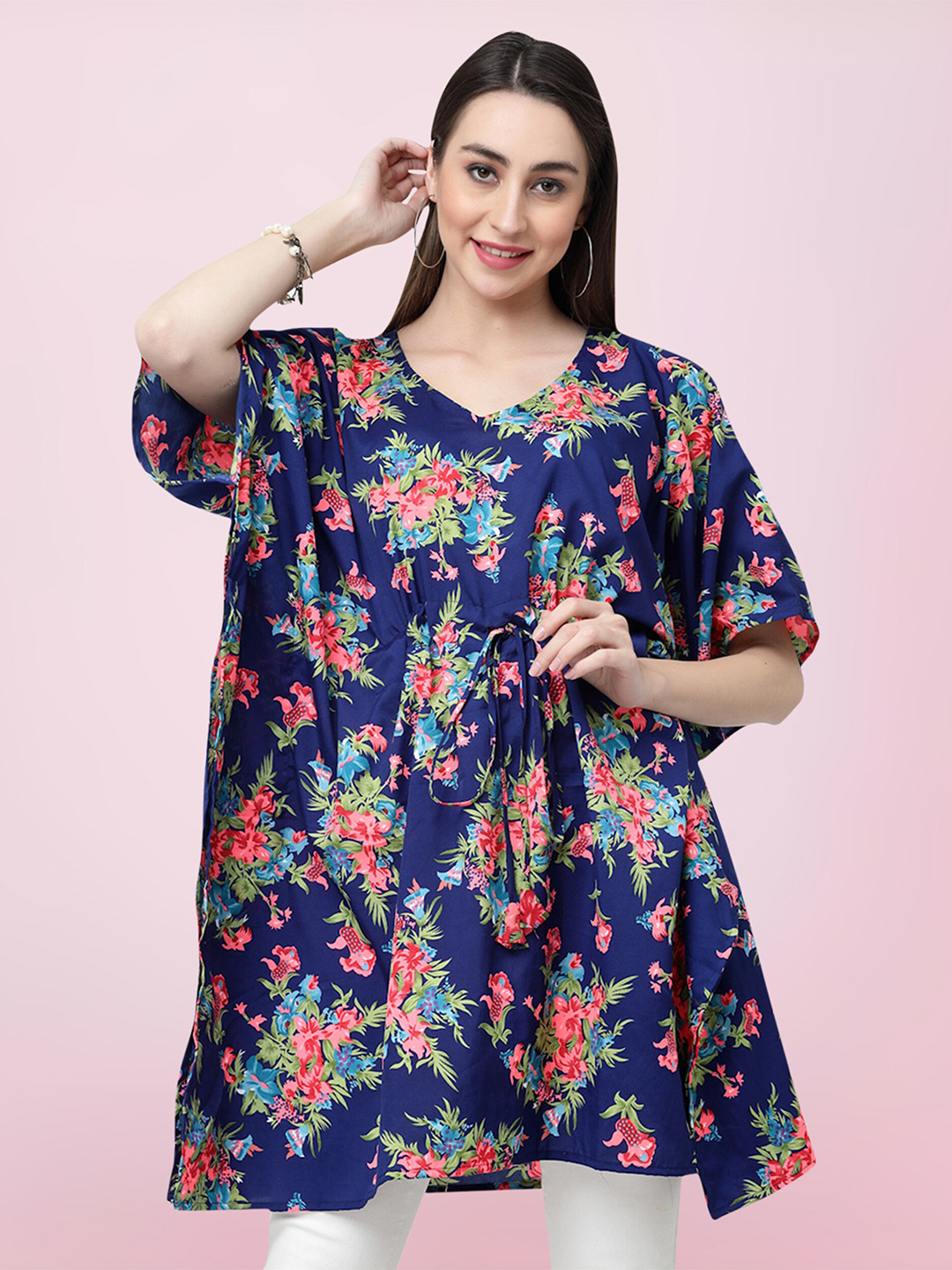 

BAESD Floral Printed Extended Sleeves Longline Kaftan Top, Navy blue