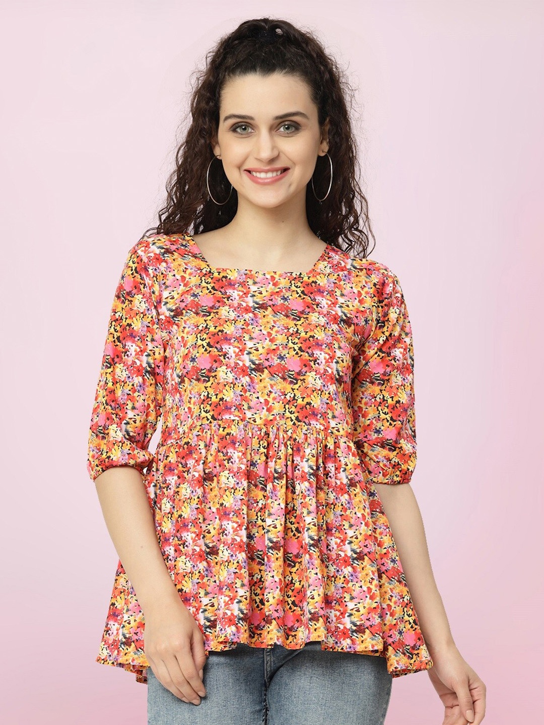 

BAESD Floral Printed Square Neck A-Line Top, Yellow