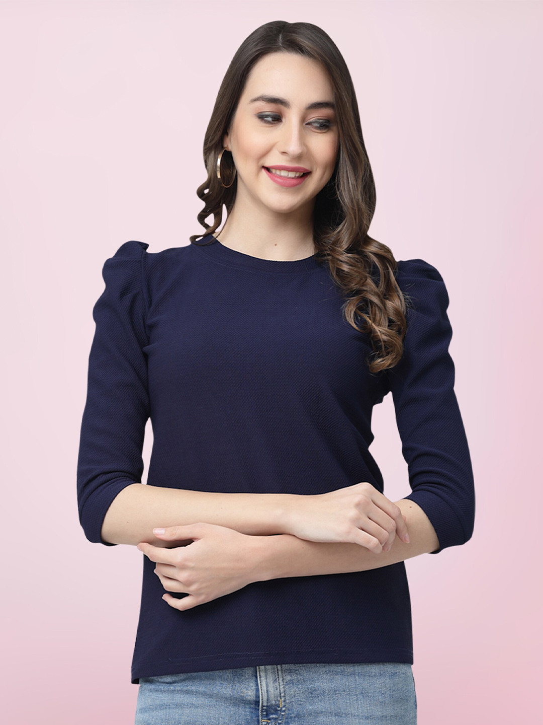 

BAESD Round Neck Puff Sleeve Cotton Top, Navy blue