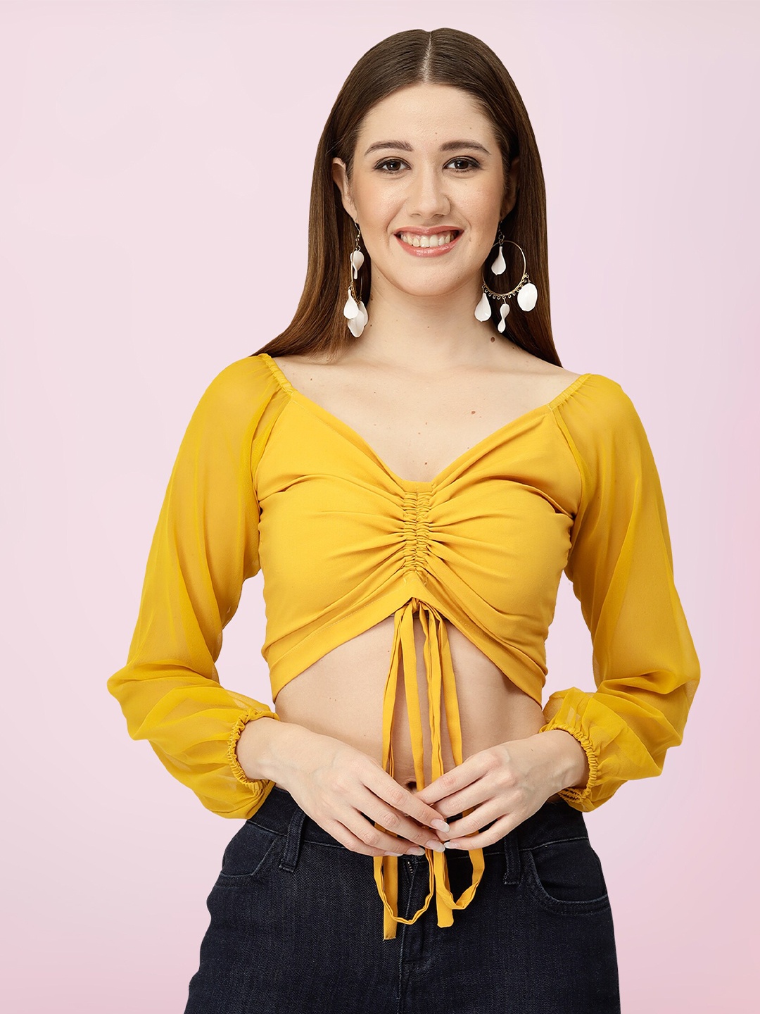 

BAESD Puff Sleeve Fitted Crop Top, Yellow