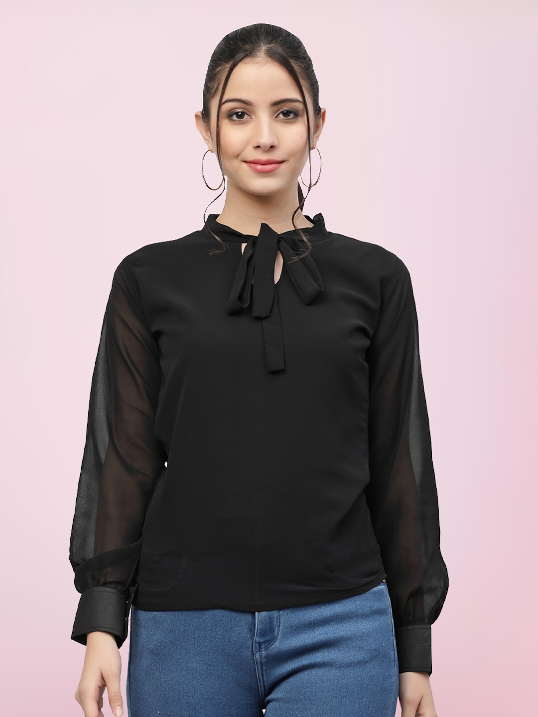 

BAESD Tie-Up Neck Cuffed Sleeves Georgette Top, Black