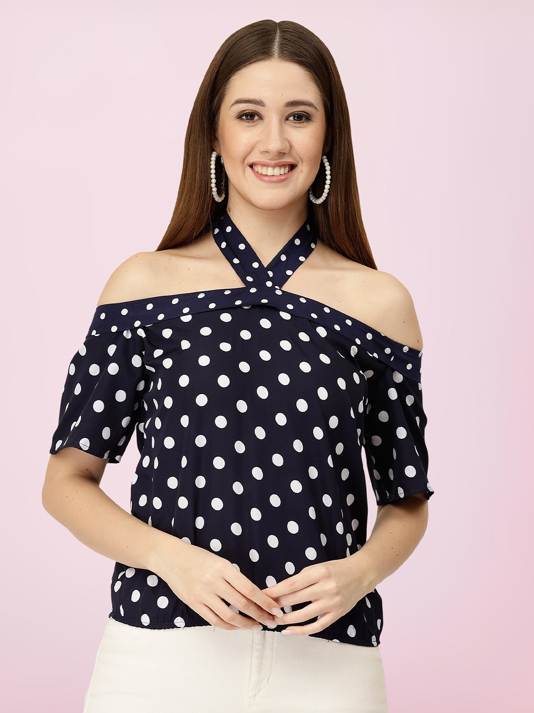 

BAESD Polka Dot Printed Halter Neck Top, Navy blue