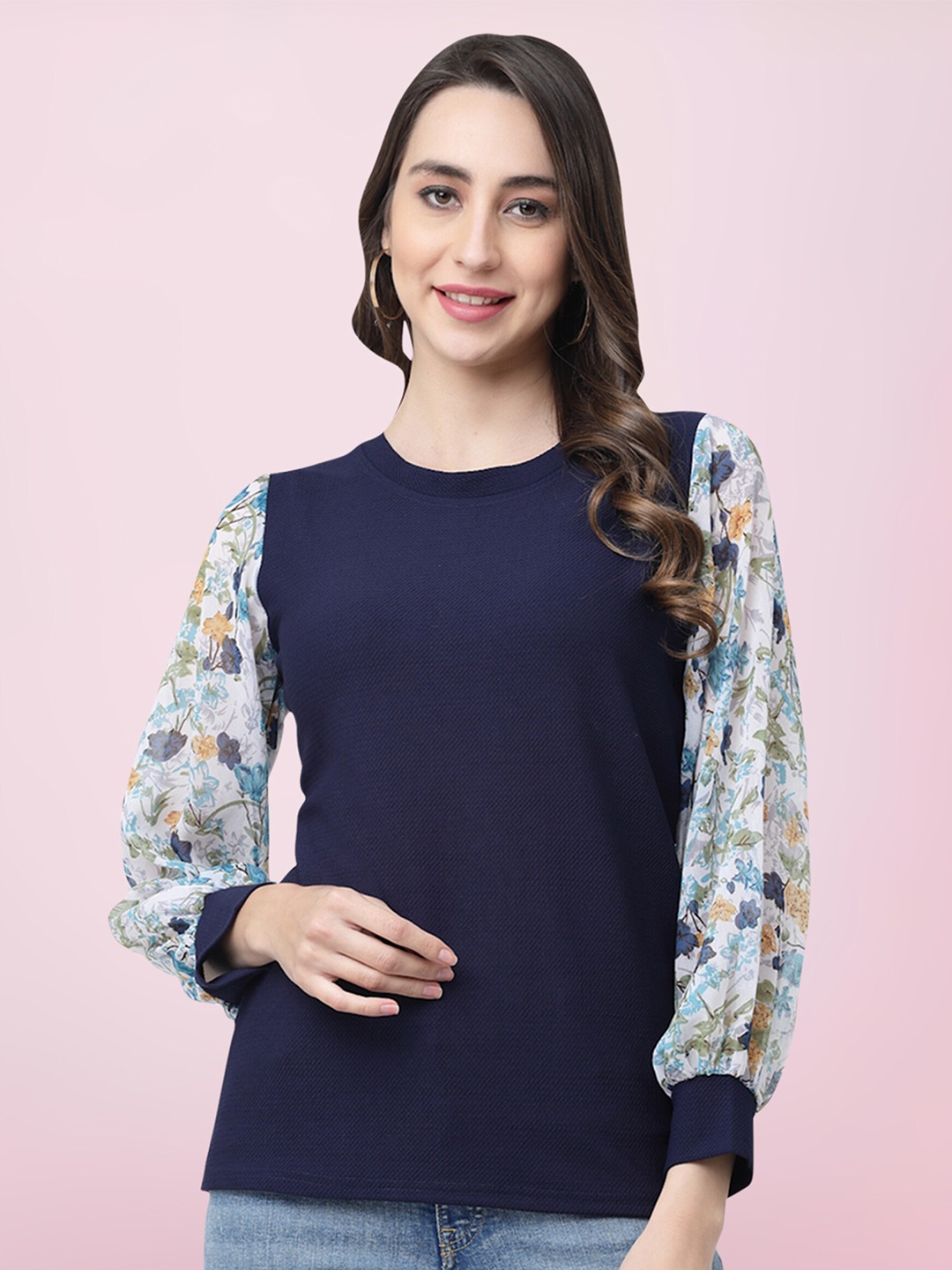 

BAESD Round Neck Cuffed Sleeves Cotton Top, Navy blue