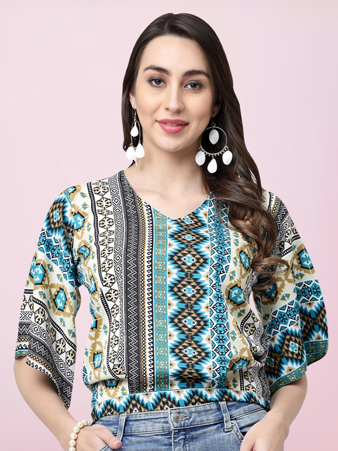 

BAESD Tribal Printed V-Neck Kimono Sleeve Top, Green