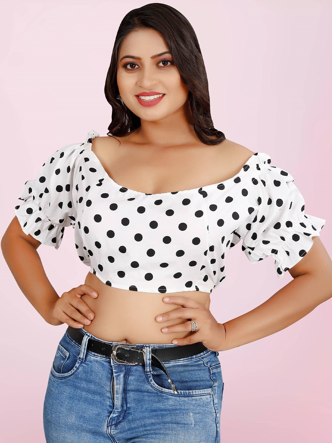 

BAESD White Polka Dot Printed Puff Sleeve Blouson Crop Top