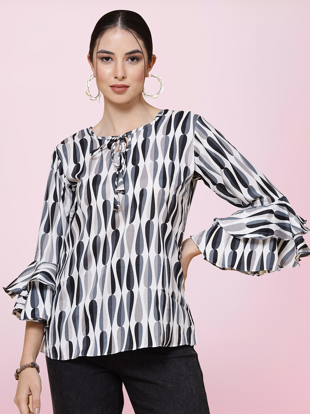

BAESD Geometric Printed Tie-Up Neck Bell Sleeve A-Line Top, Black