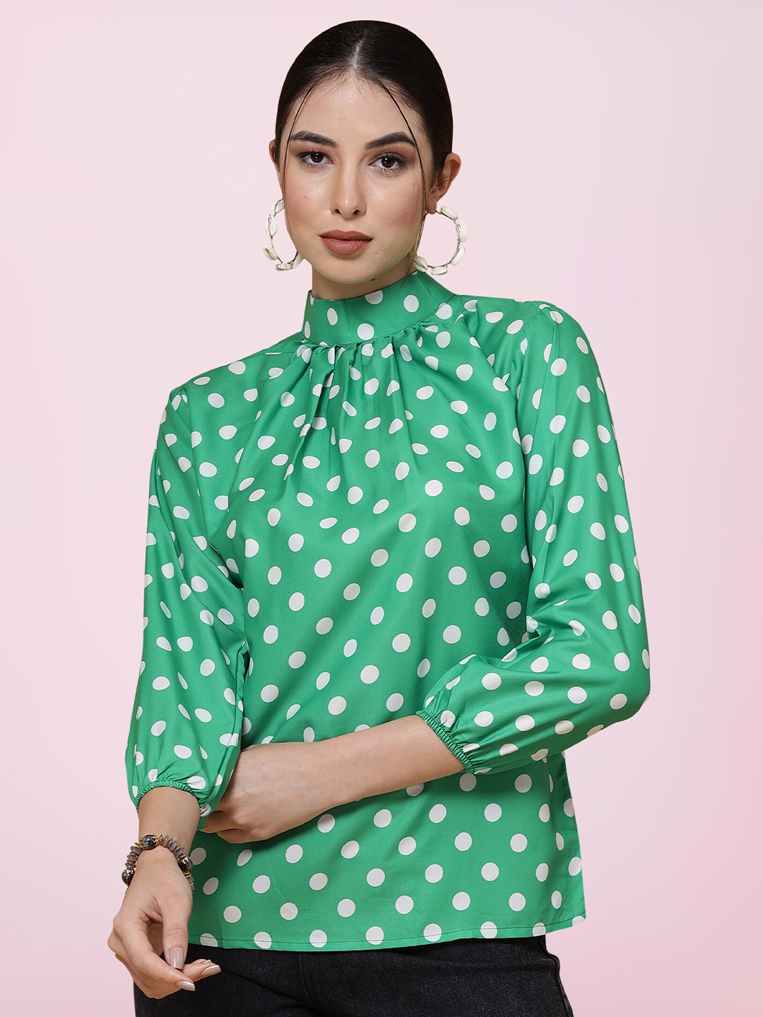 

BAESD Polka Dots Printed High Neck Gathered Or Pleated Top, Green