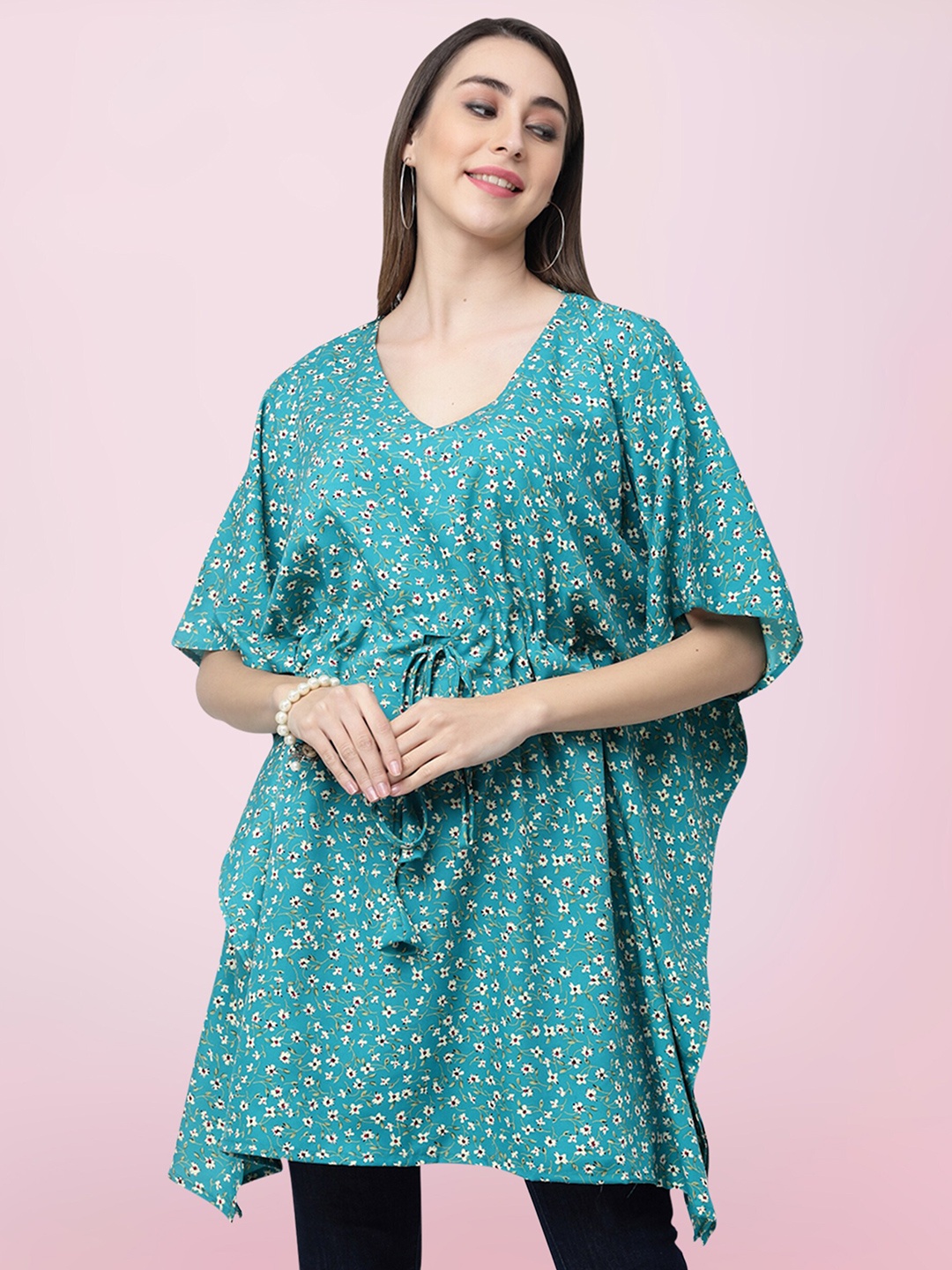 

BAESD Floral Printed V-Neck Kimono Sleeve Tie-Ups Kaftan Longline Top, Blue
