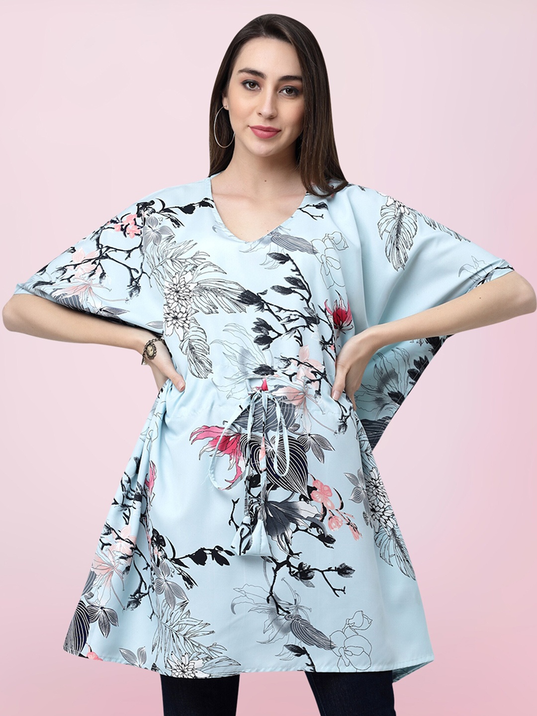 

BAESD Floral Printed Longline Kaftan Top, Grey