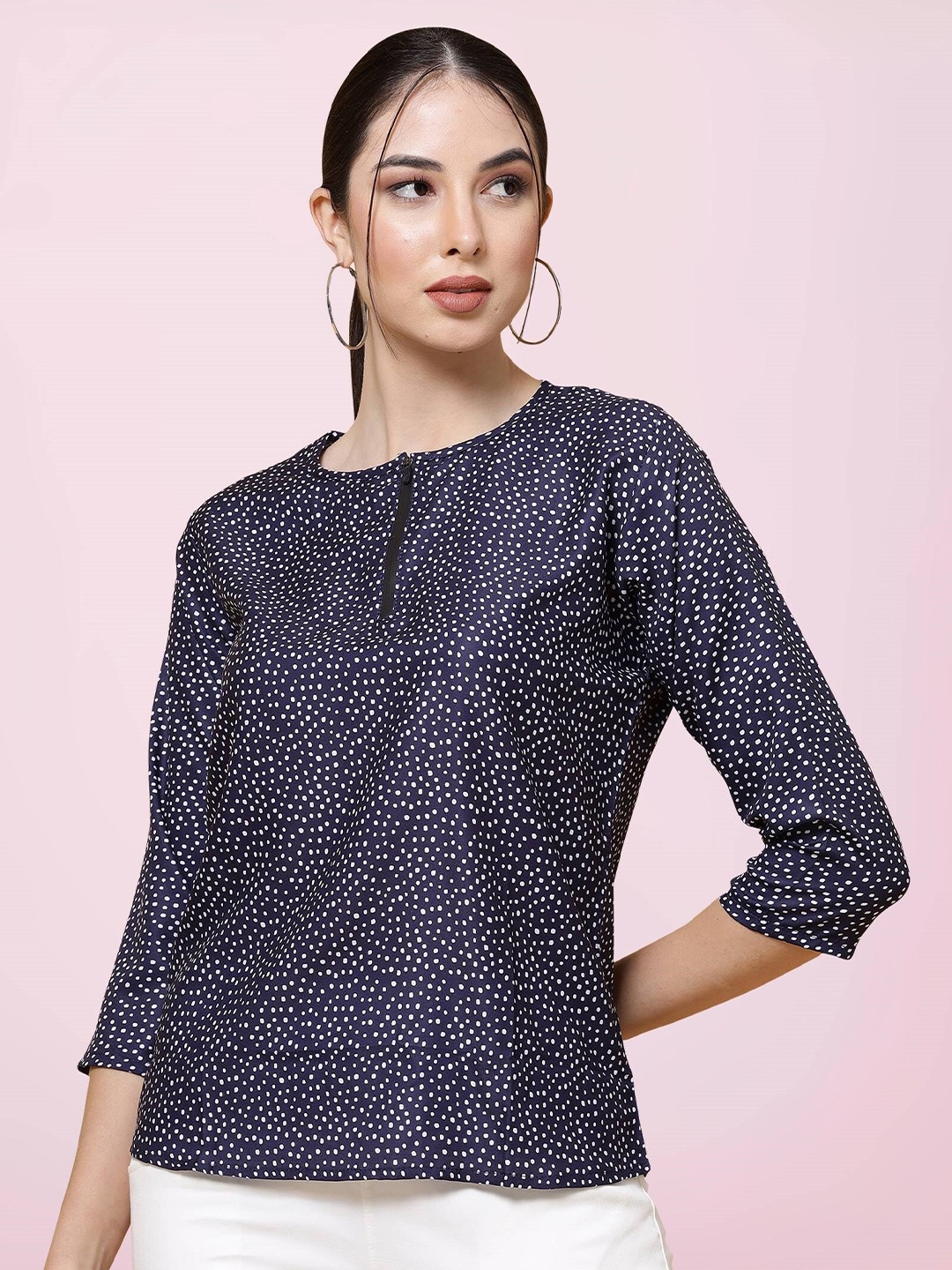 

BAESD Polka Dot Printed Regular Top, Navy blue