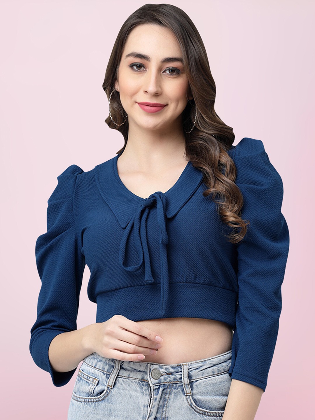

BAESD Tie-Up Neck Puff Sleeve Crop Top, Blue