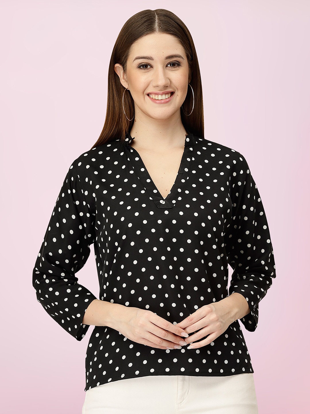 

BAESD Polka Dots Printed V-Neck Top, Black