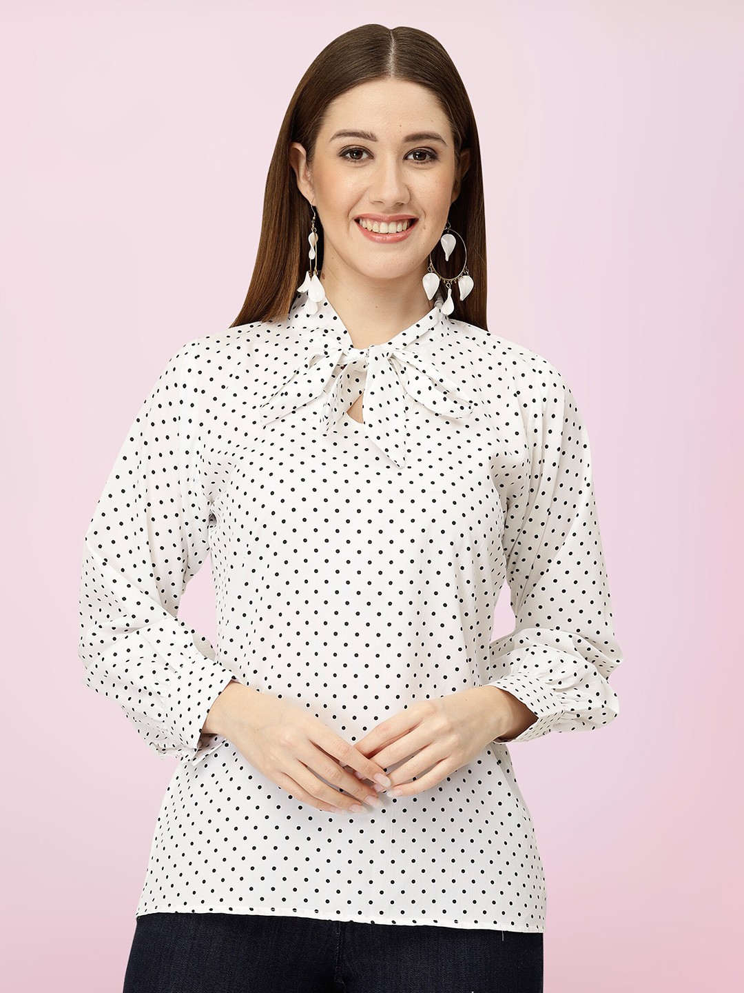 

BAESD Polka Dot Printed Tie-Up Neck Top, White