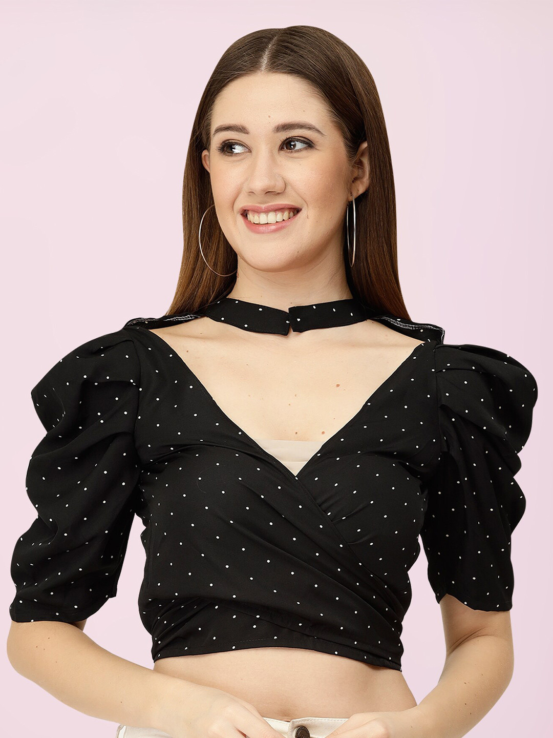 

BAESD V-Neck Puff Sleeves Gathered Wrap Crop Top, Black