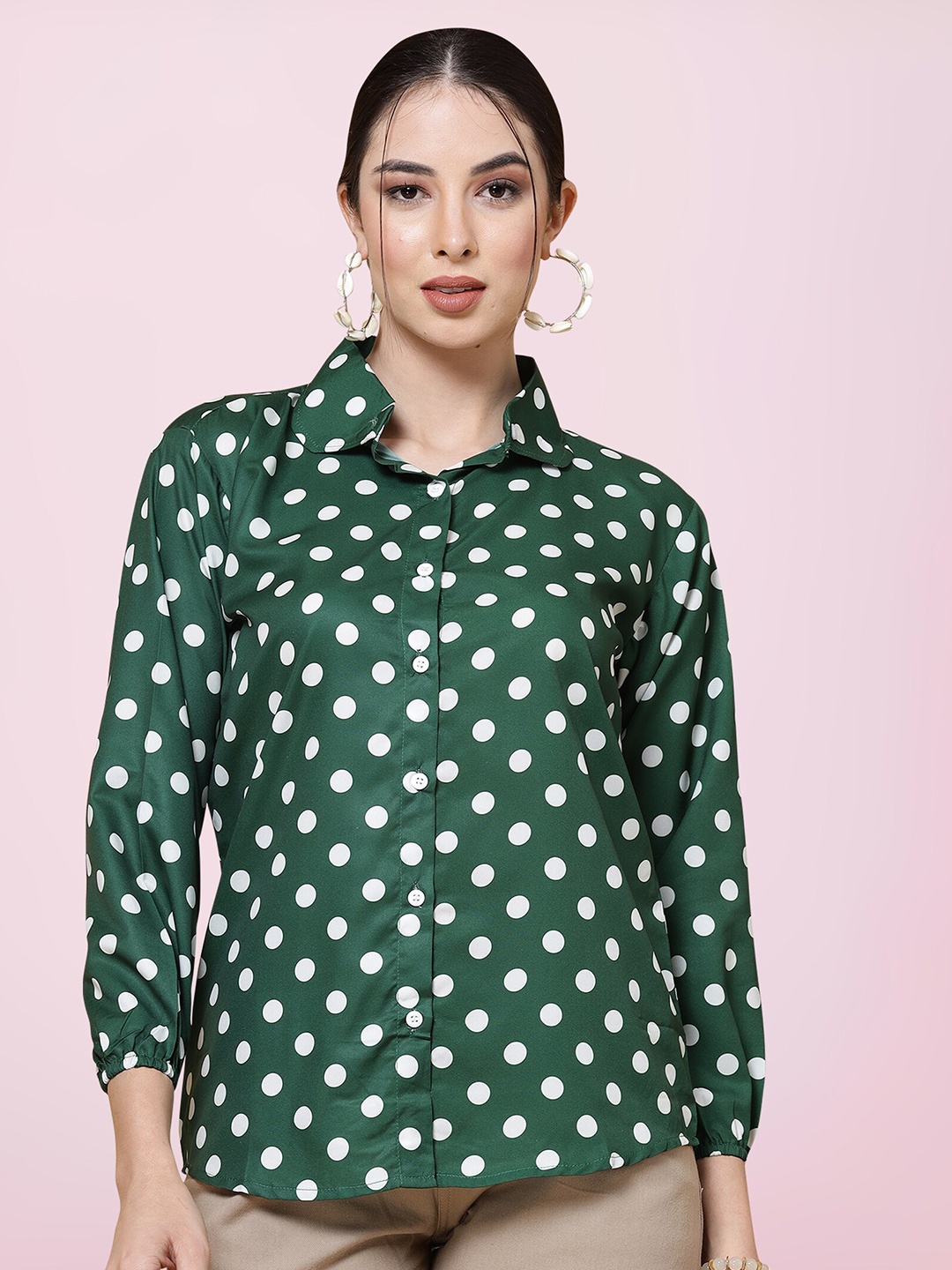 

BAESD Polka Dots Printed Shirt Style Top, Green