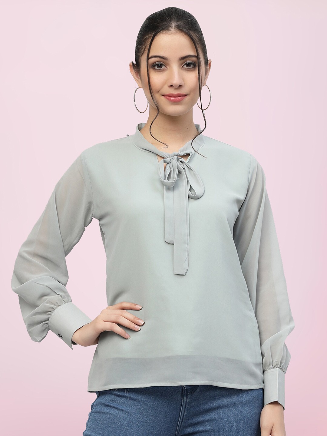

BAESD Tie-Up Neck Cuffed Sleeves Top, Grey