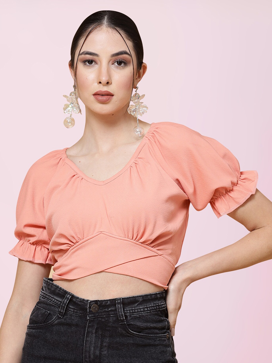 

BAESD V-Neck Puff Sleeves Tie Ups & Gathered Detail Fitted Crop Top, Pink