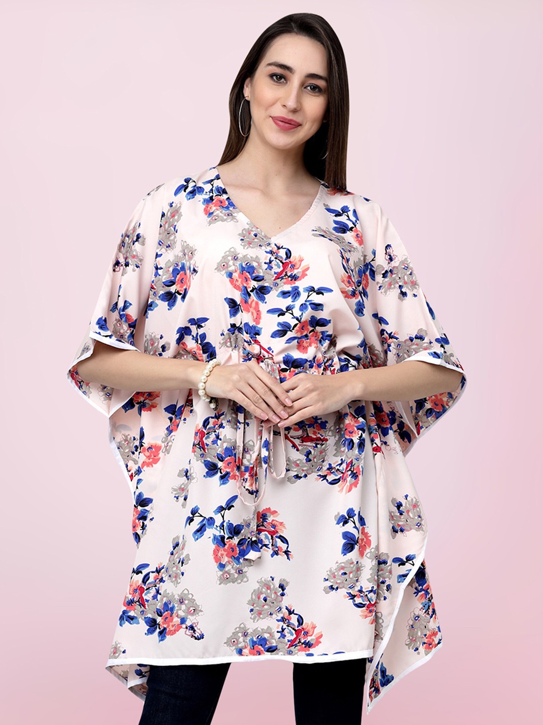 

BAESD Floral Printed Kimono Sleeves Kaftan Longline Top, Pink