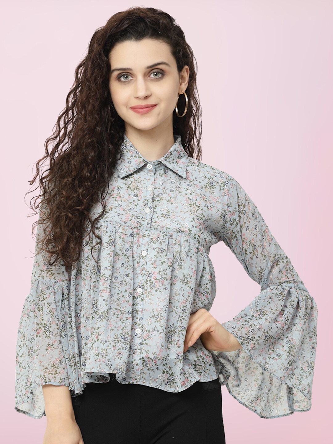 

BAESD Floral Printed Flared Sleeve Shirt Style Top, Grey