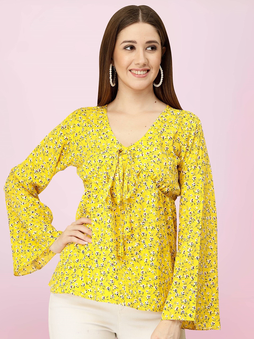 

BAESD Floral Printed V-Neck Flared Sleeve A-Line Top, Yellow