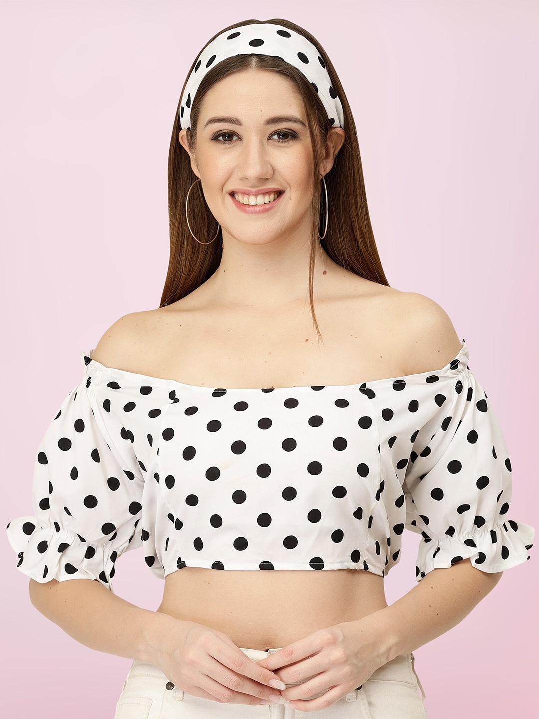 

BAESD Polka Dot Printed Off-Shoulder Bardot Crop Top, White