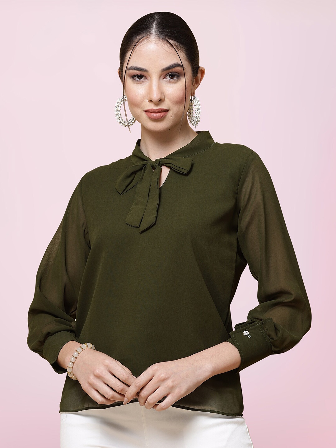 

BAESD Tie-Up Neck Georgette Top, Green
