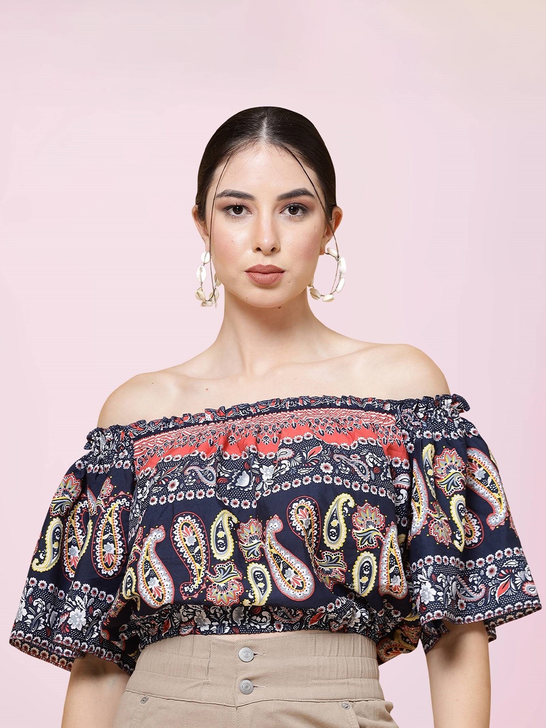 

BAESD Paisley Printed Off Shoulder Flared Sleeve Bardot Top, Navy blue