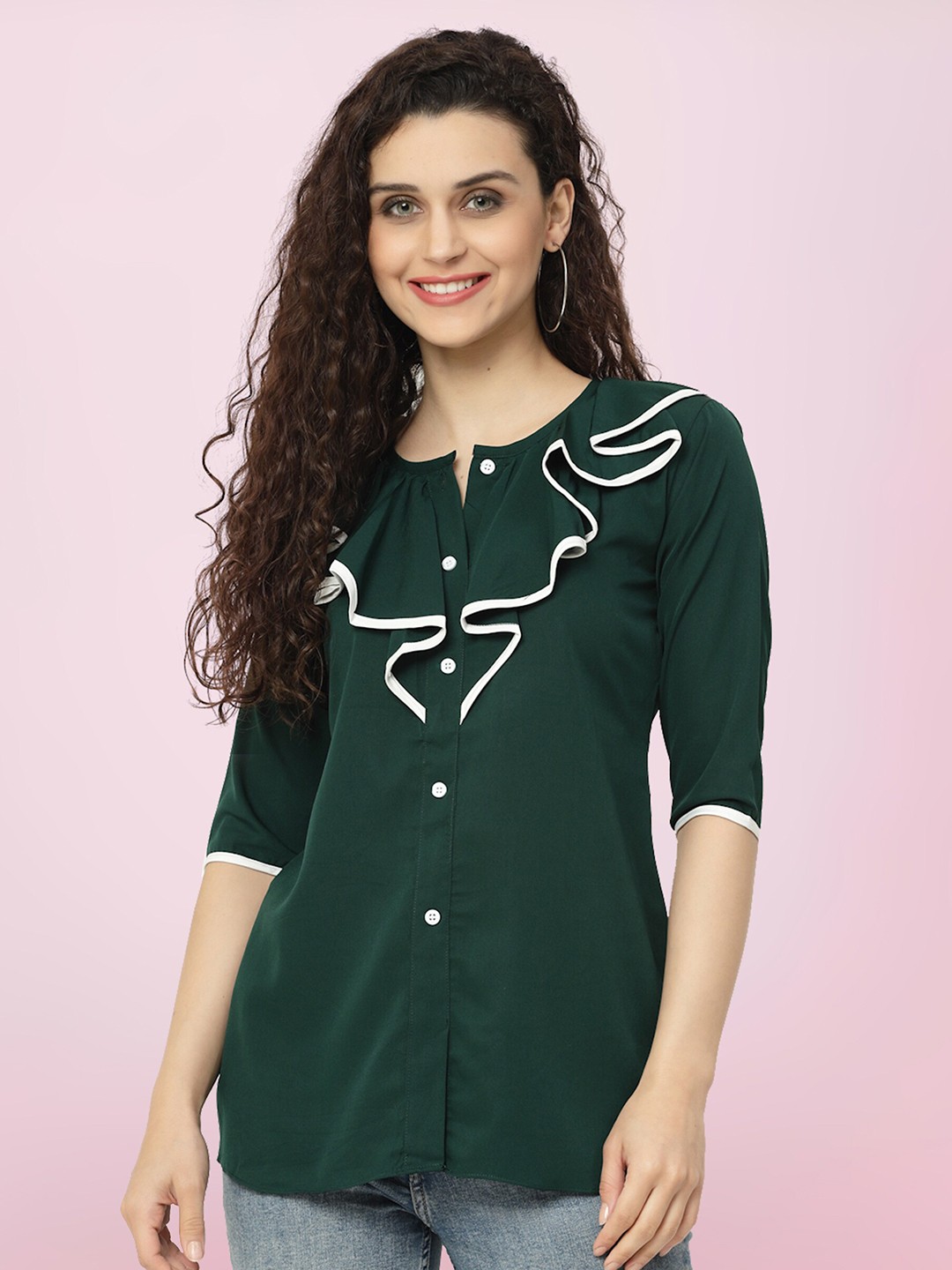 

BAESD Round Neck Ruffled Shirt Style Top, Green