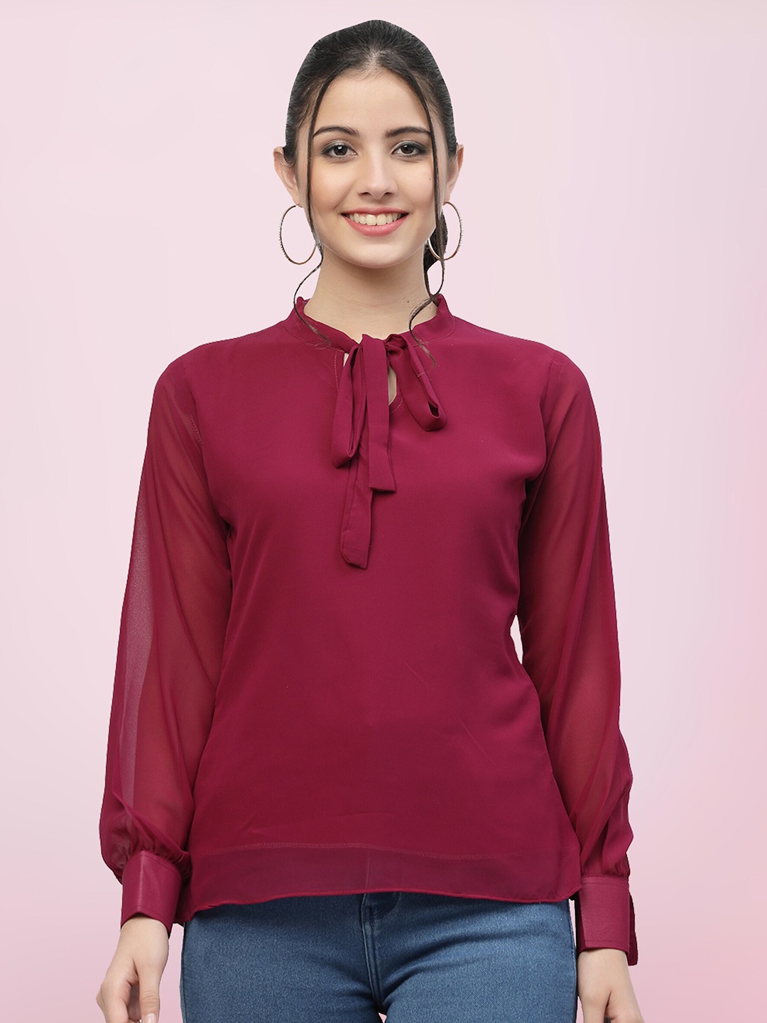 

BAESD Cuffed Sleeves Tie-Up Neck Top, Maroon