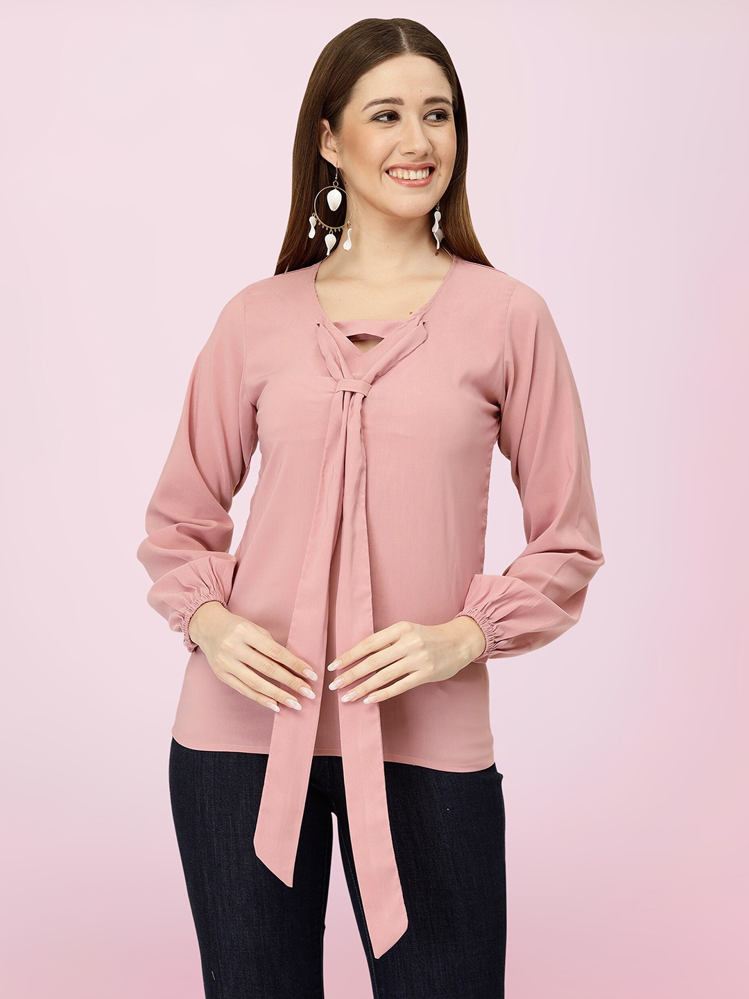

BAESD Tie-Up Neck Georgette Regular Top, Pink