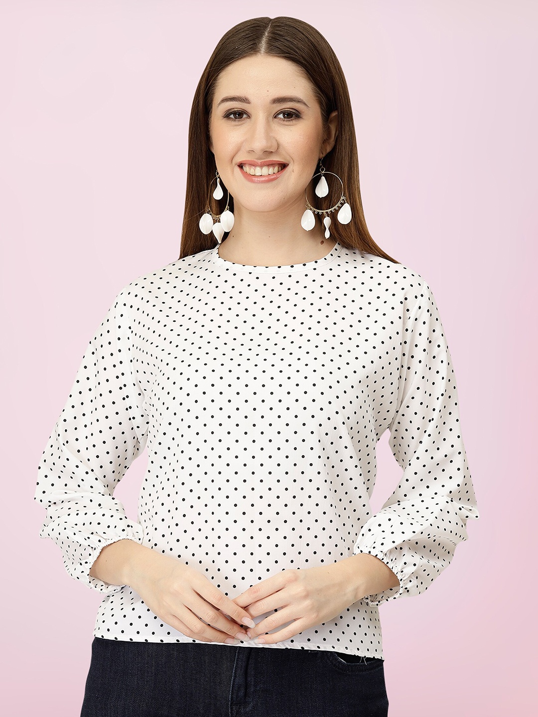 

BAESD Polka Dot Printed Round Neck Top, White