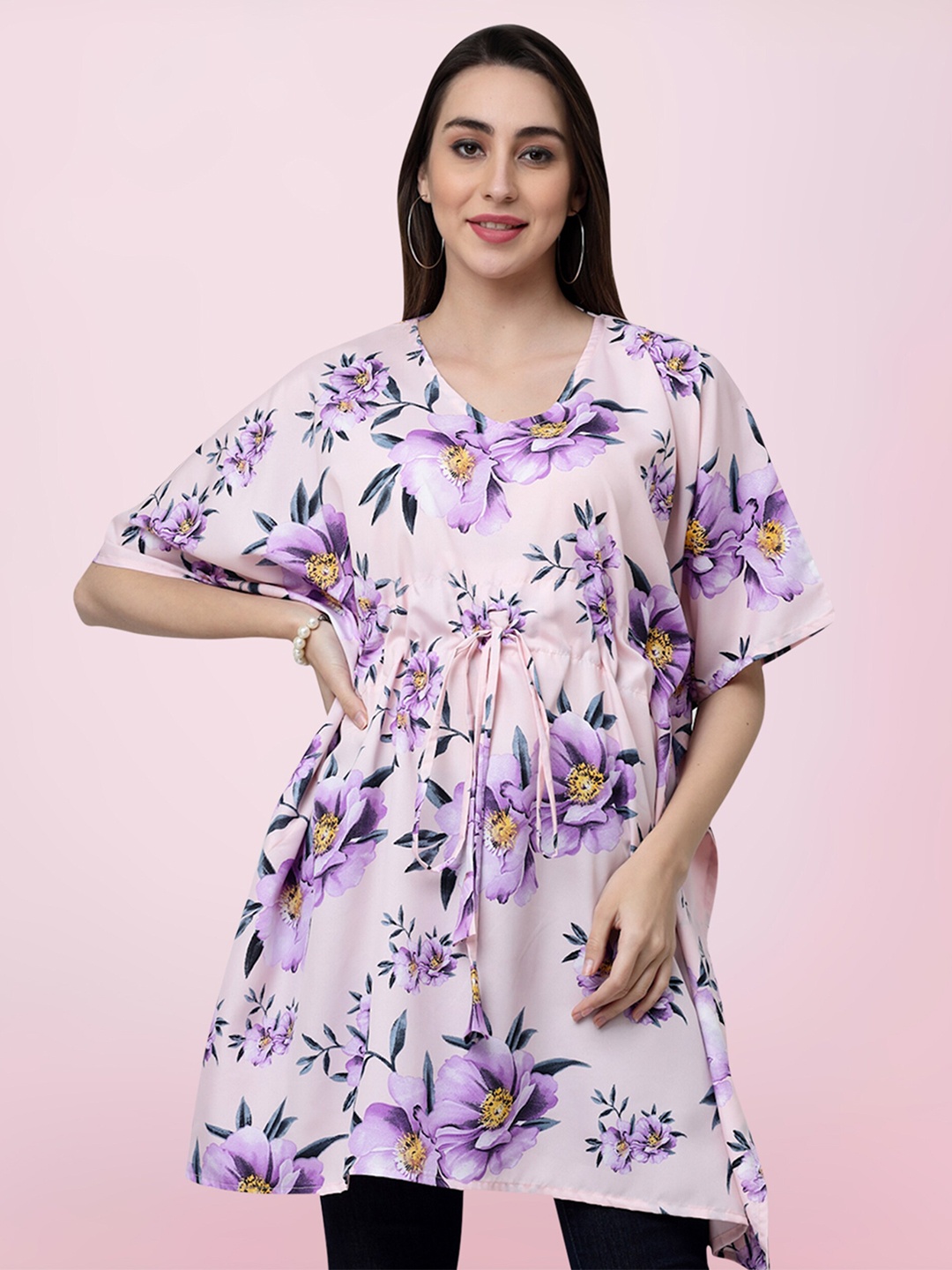 

BAESD Floral Printed Waist Tie-Ups Longline Empire Top, Purple