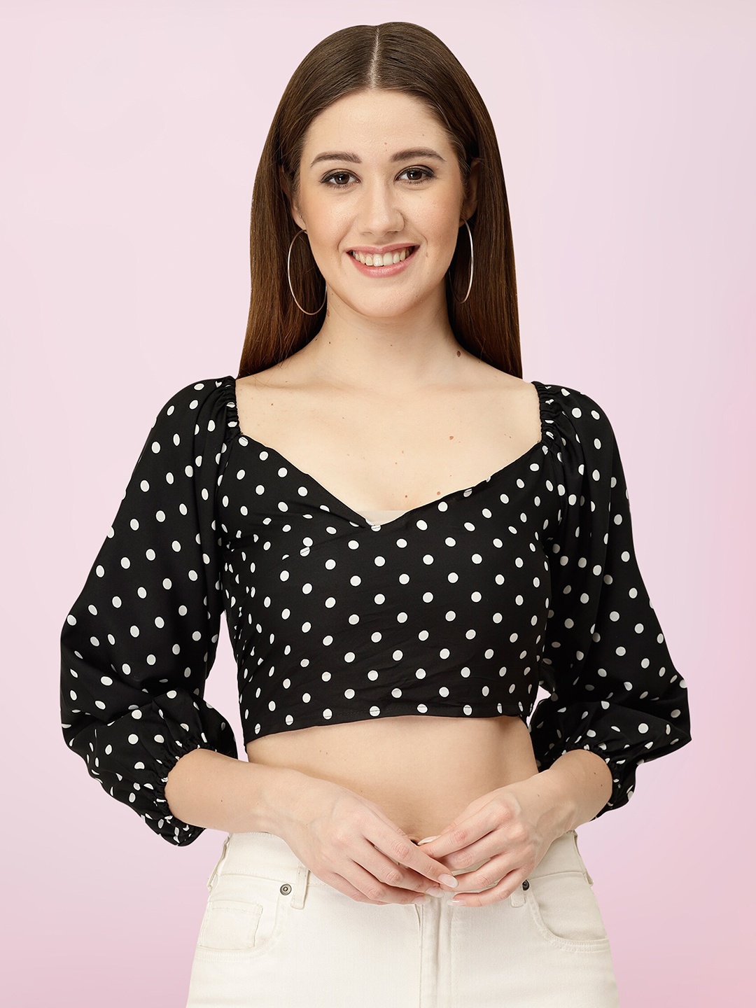 

BAESD Polka Dot Printed V-Neck Puff Sleeves Crepe Crop Top, Black