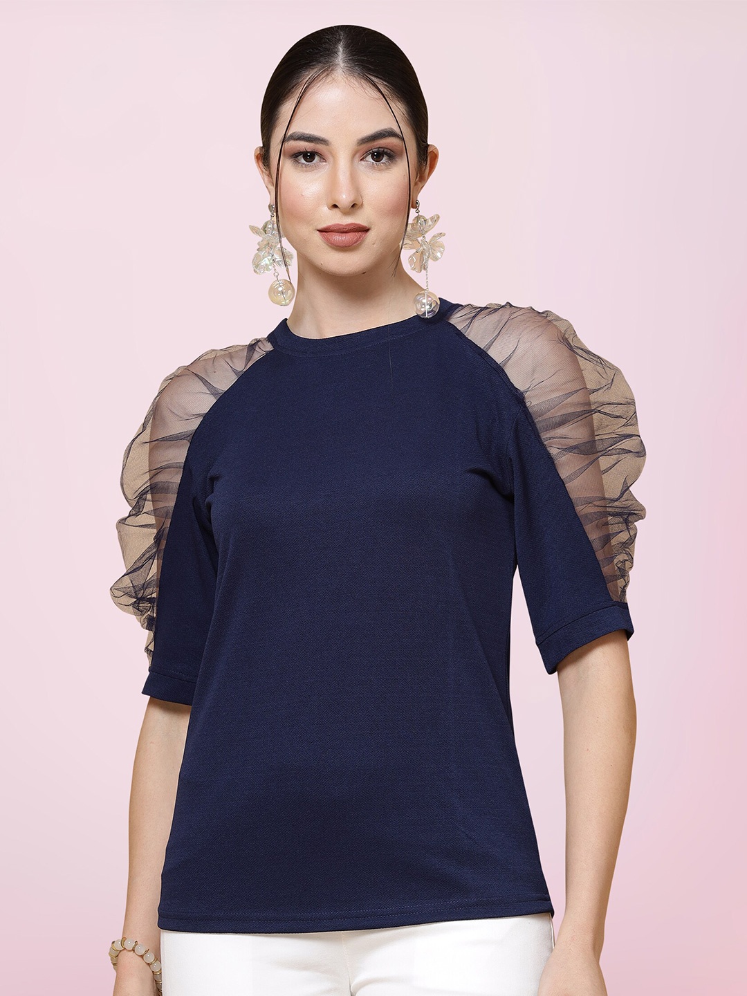 

BAESD Round Neck Puff Sleeve Top, Navy blue