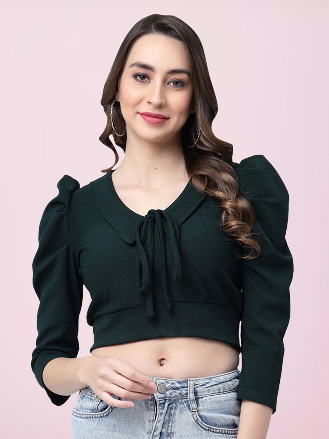 

BAESD Tie-Up Neck Puff Sleeve Crop Top, Green