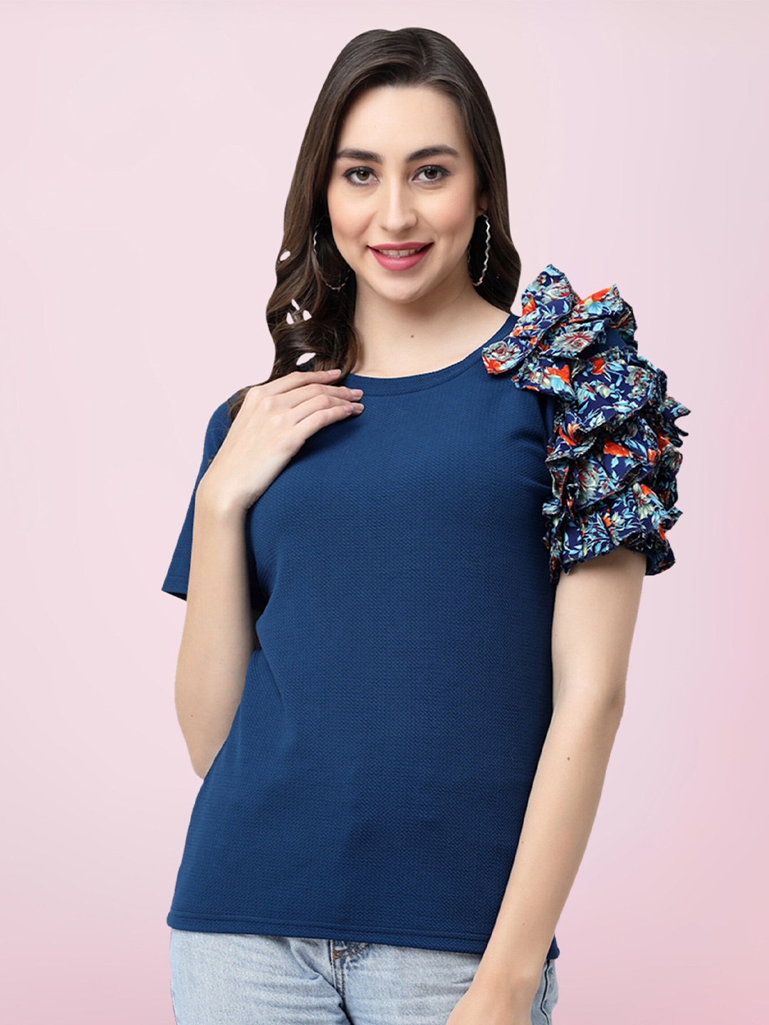 

BAESD Round Neck Ruffled Top, Blue