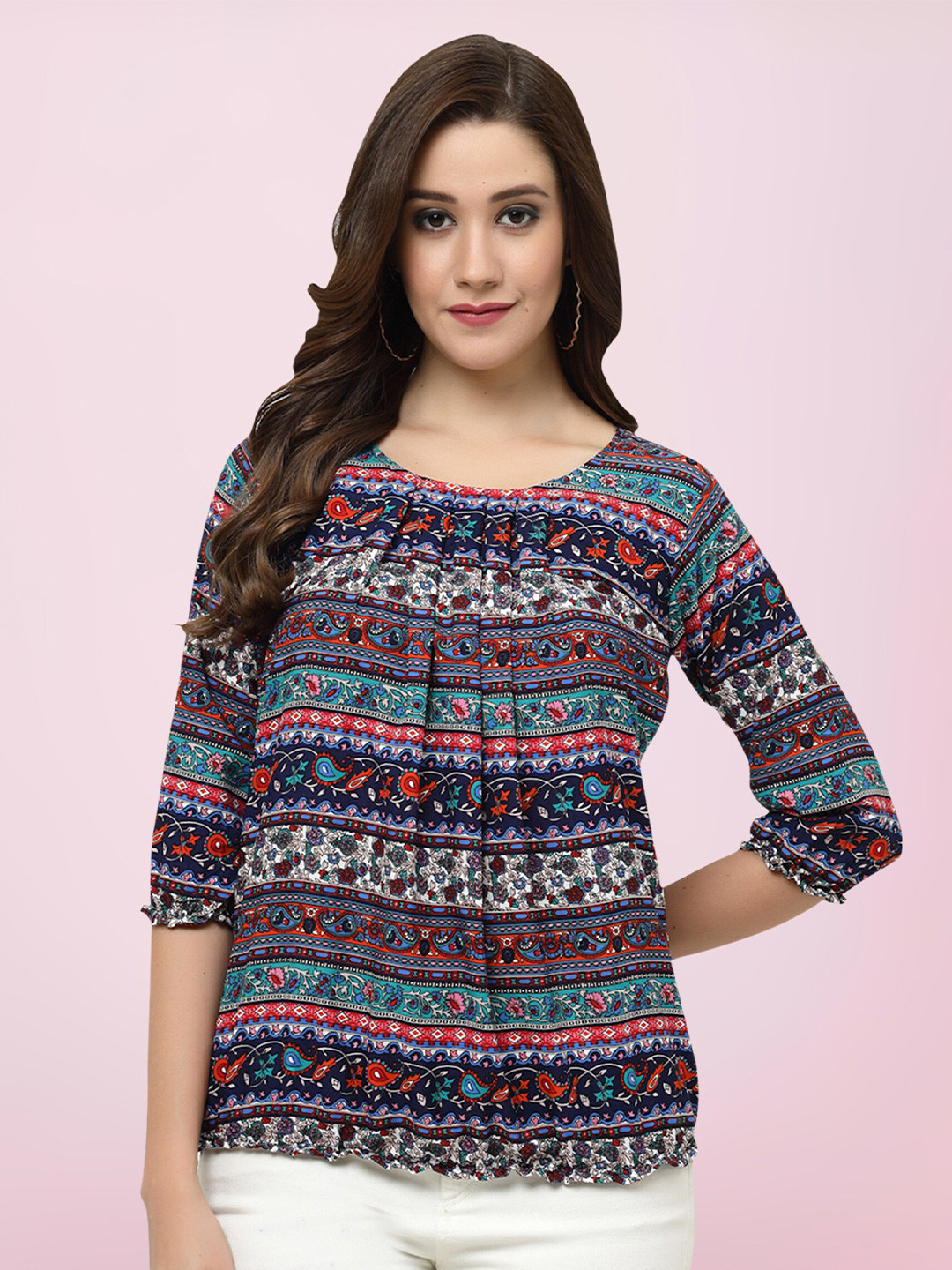 

BAESD Ethnic Motifs Printed Round Neck Top, Navy blue