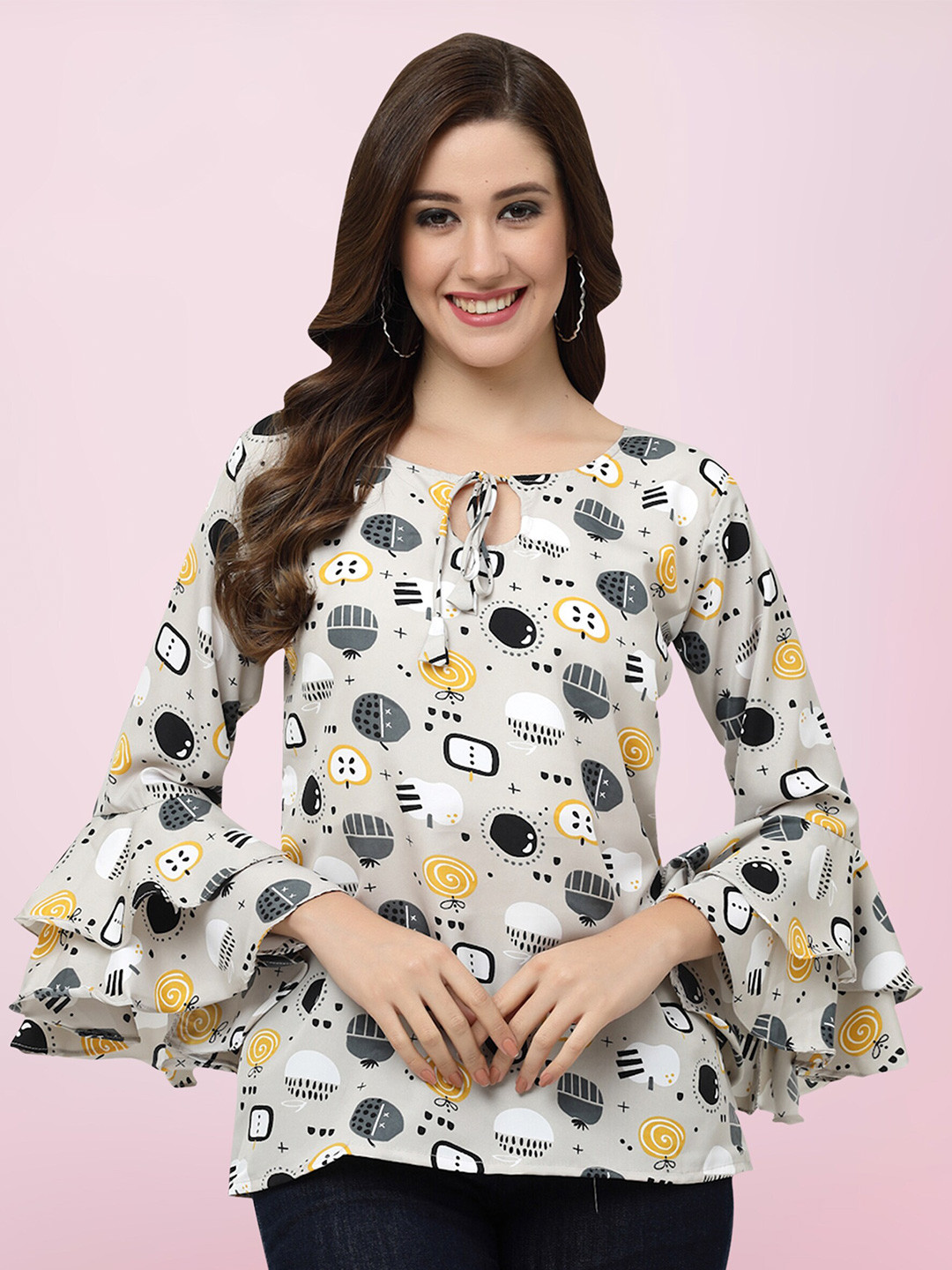 

BAESD Conversational Printed Tie-Up Neck Top, Grey