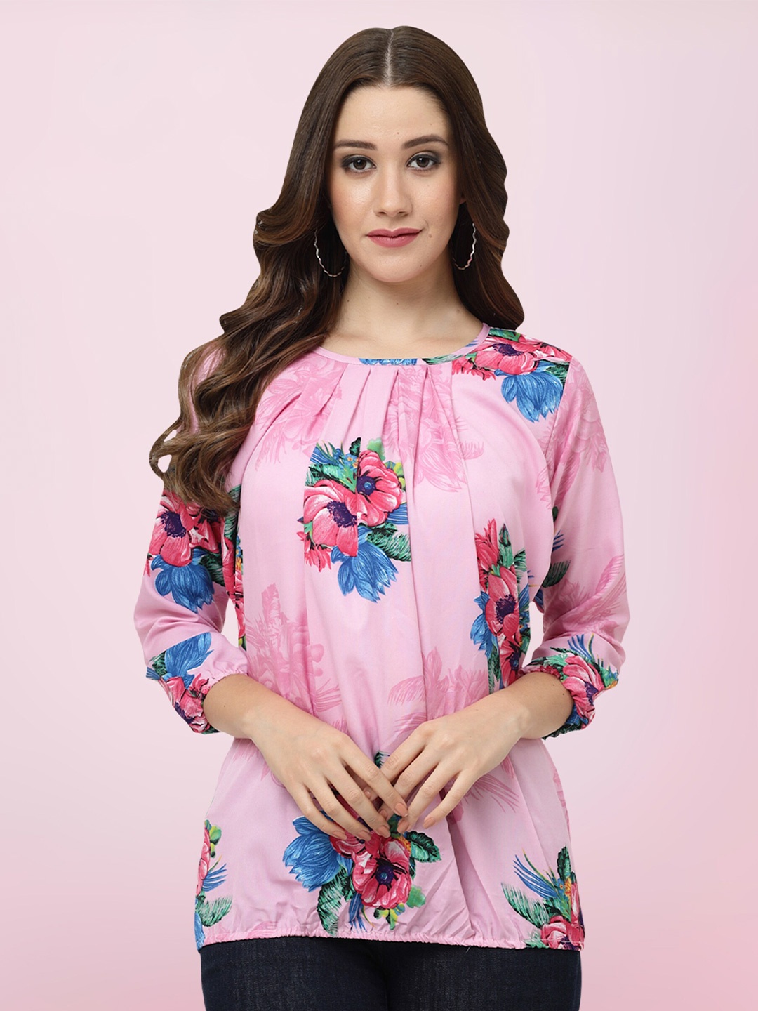 

BAESD Floral Printed Pleated Detail Top, Pink