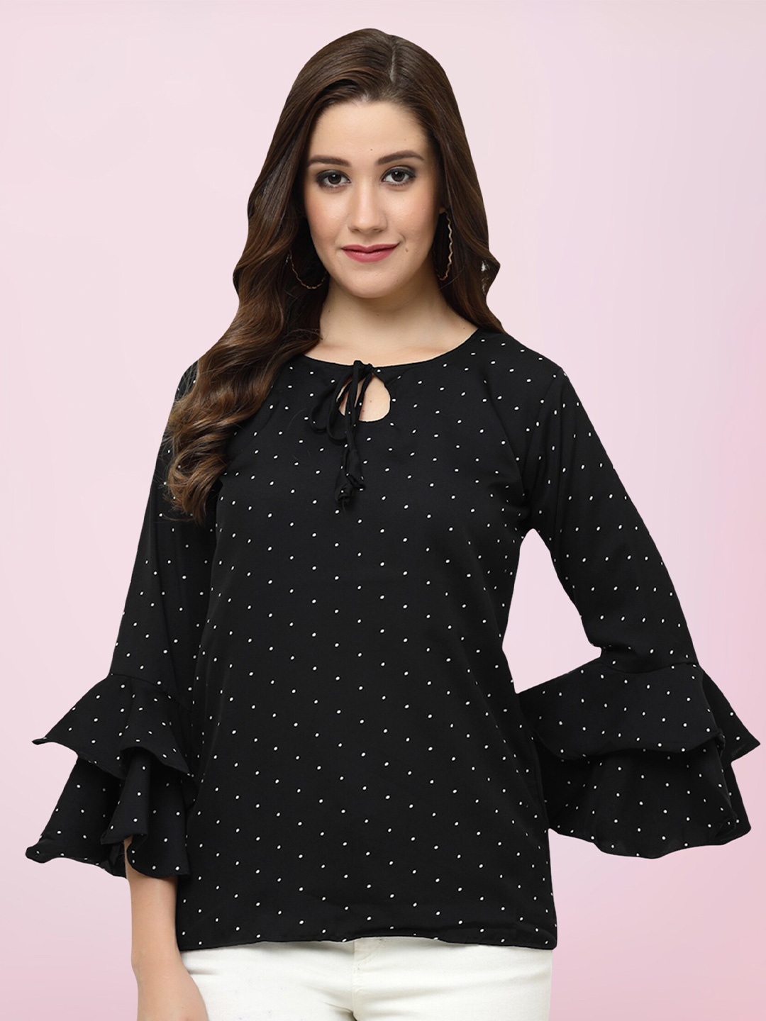 

BAESD Polka Dot Printed Tie-Up Neck Bell Sleeve Top, Black