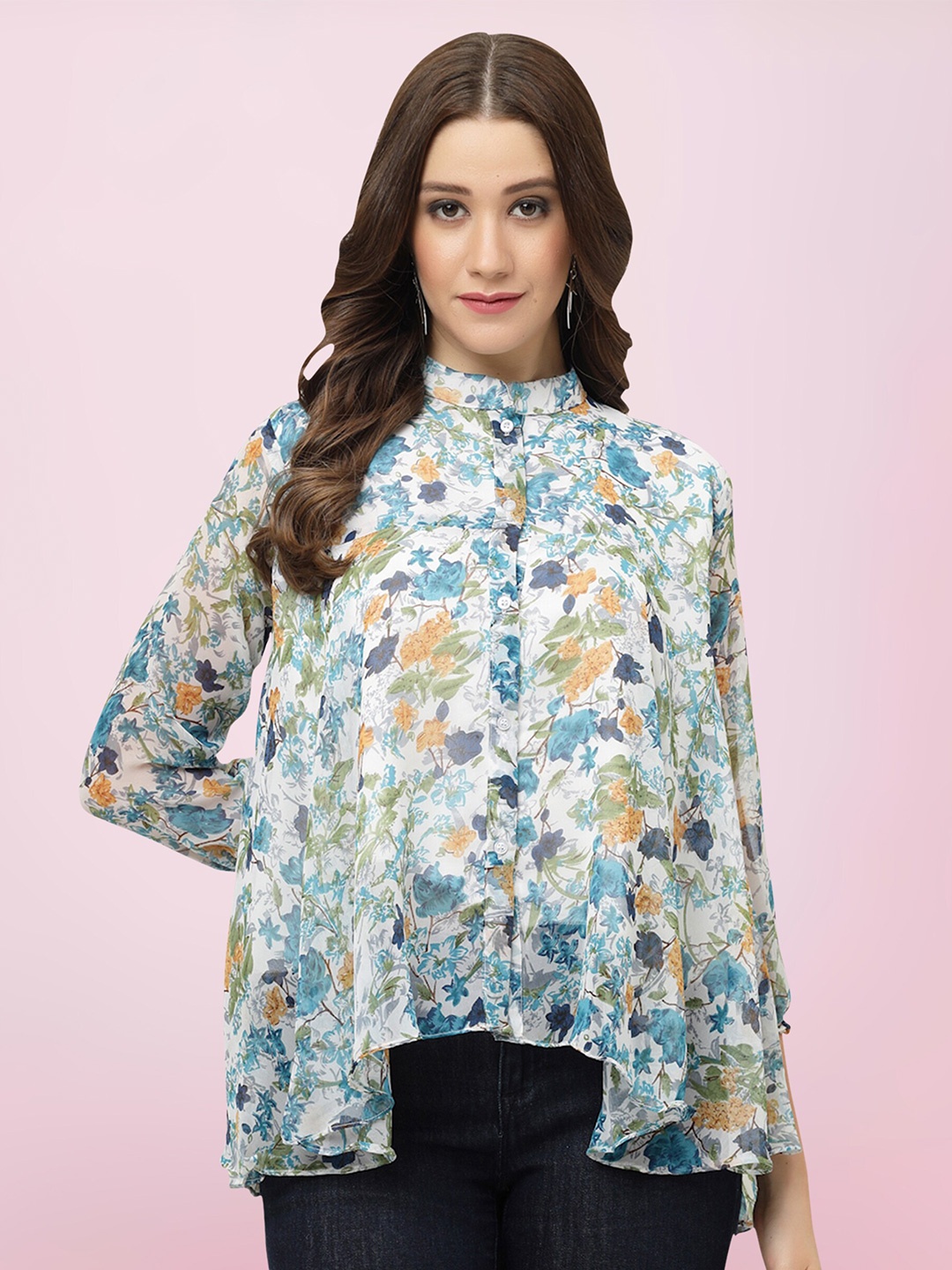 

BAESD Floral Printed Mandarin Collar Pure Georgette Shirt Style Top, Blue