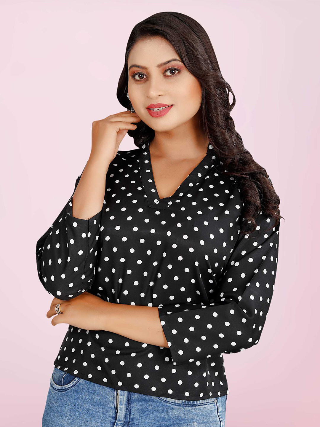 

BAESD Polka Dot Printed Mandarin Collar Top, Black