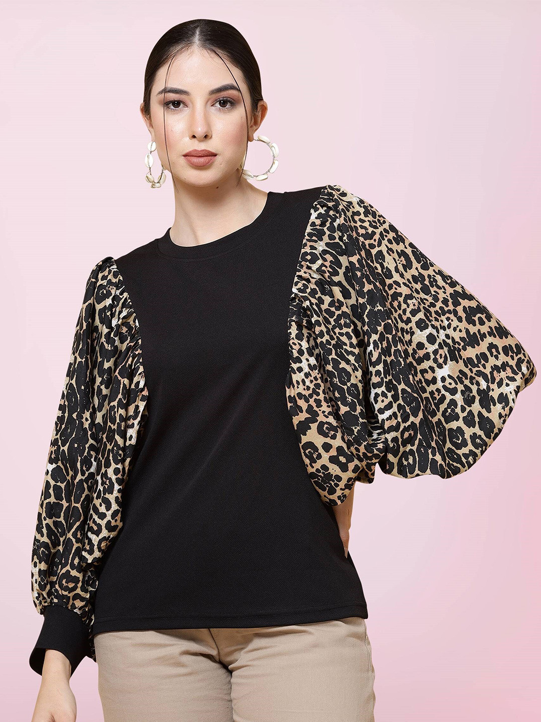 

BAESD Animal Printed Bishop Sleeve Top, Black