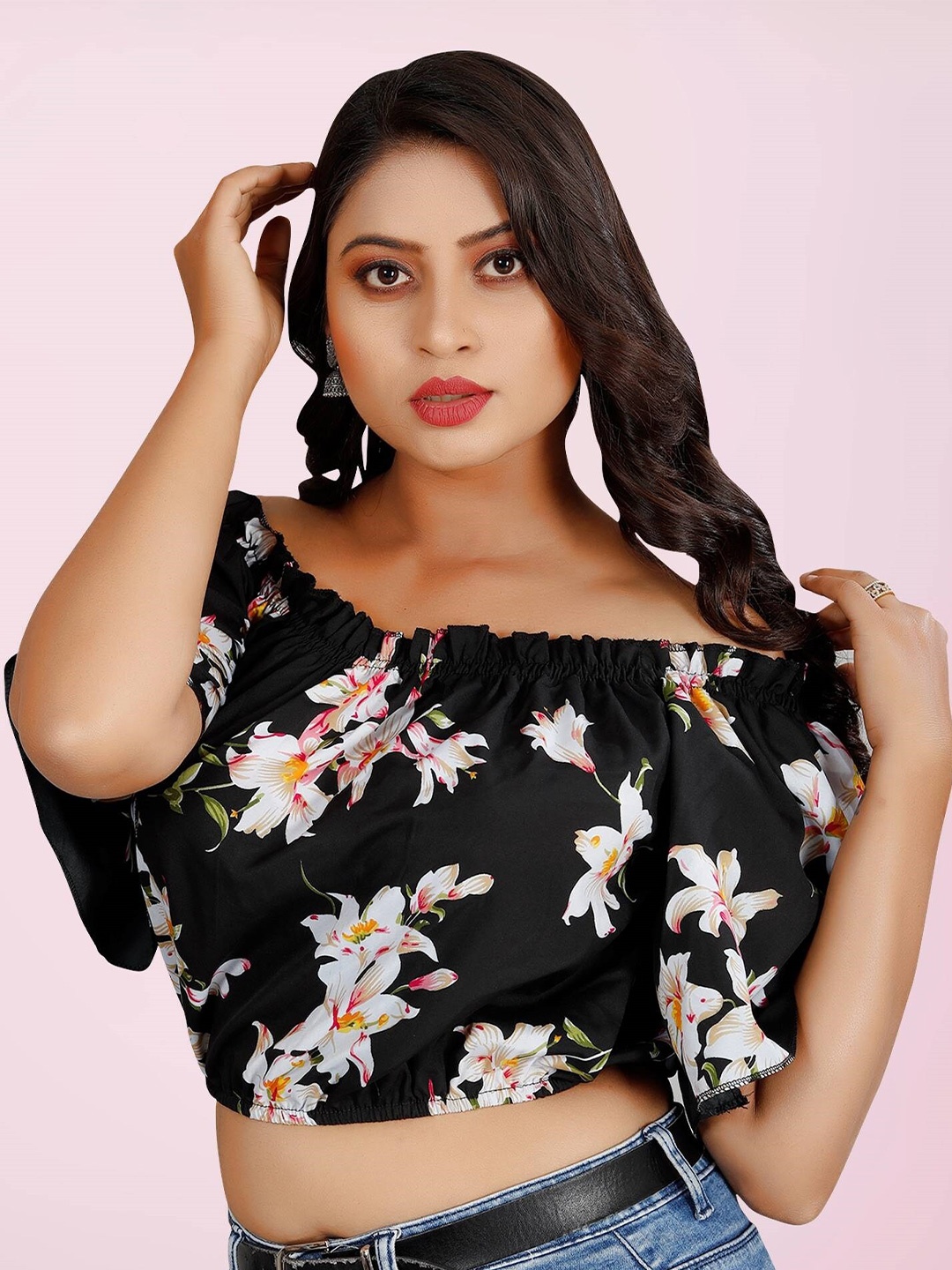 

BAESD Floral Printed Off-Shoulder Flared Sleeve Bardot Crop Top, Black
