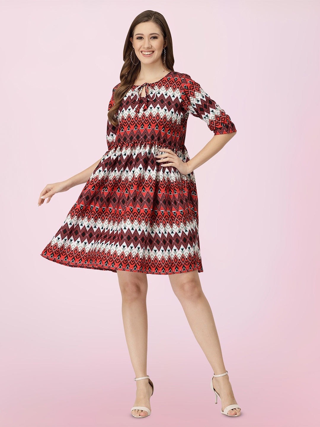 

BAESD Geometric Printed Tie-Up Neck Fit & Flare Dress, Red