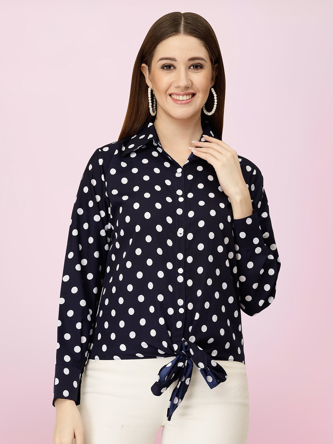 

BAESD Polka Dot Printed Shirt Style Top, Navy blue